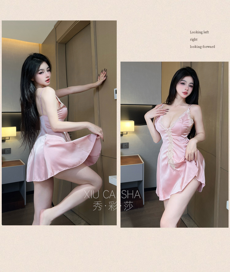 Lace Satin Babydoll Set with Suspender Skirt and Robe, Pink One Size — detail image 11
