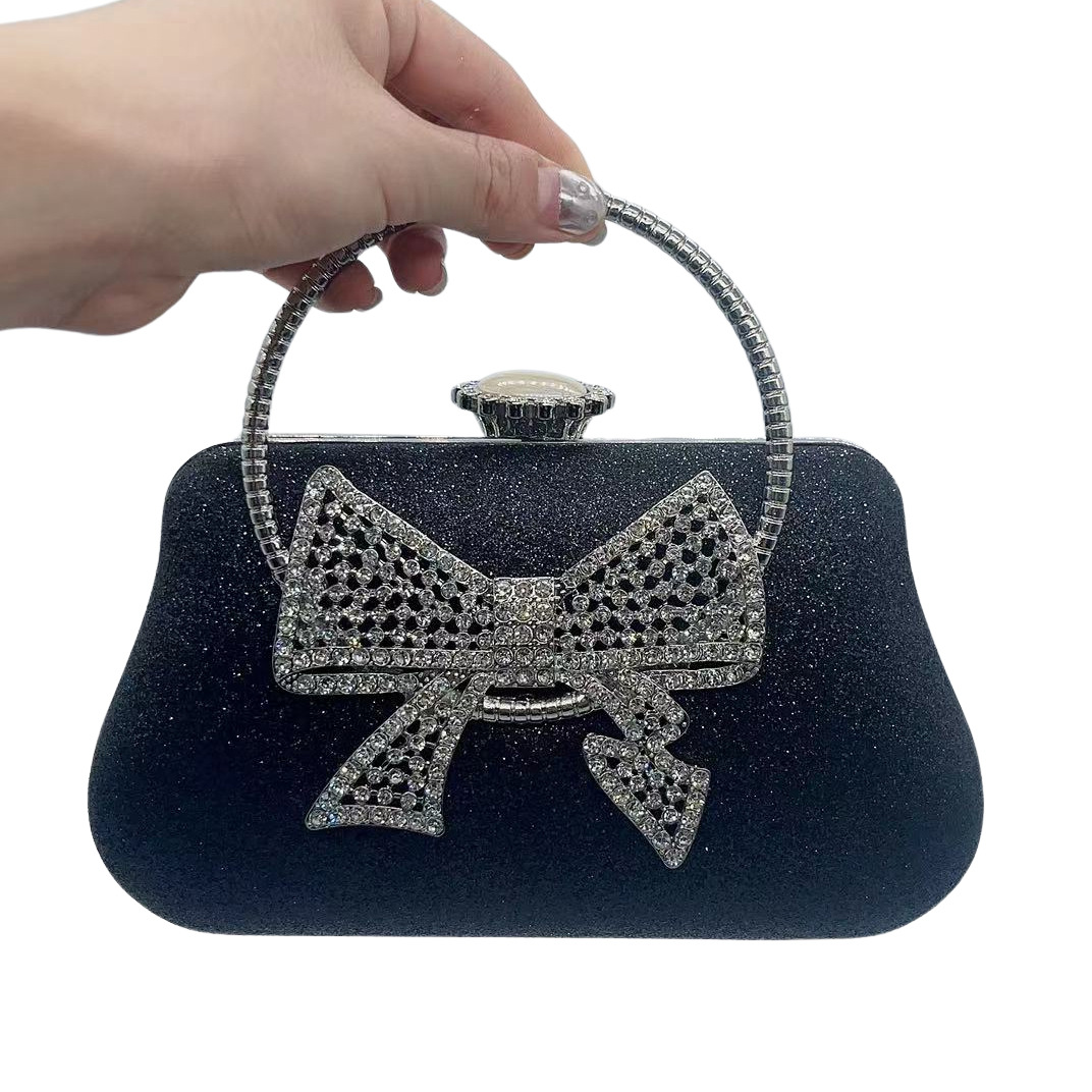 Túi clutch nữ dự tiệc da đơn giản tay cầm nơ — Màu đen, Màu bạc, Màu vàng nhạt, Màu Sâm panh chi tiết 8