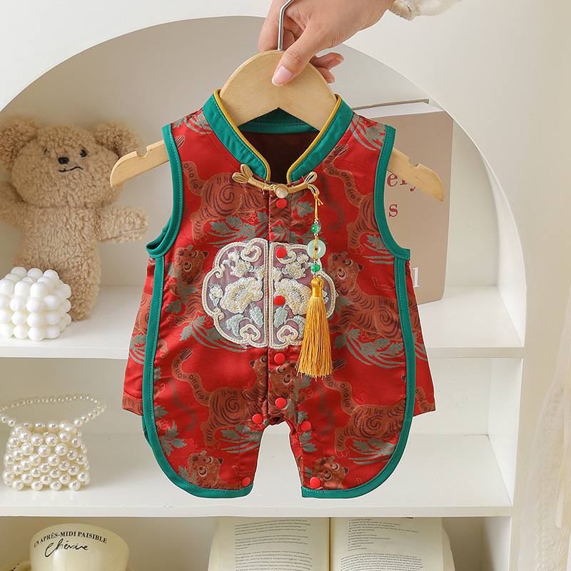 Baby Chinese-Style Sleeveless Jumpsuit, Red Festive New Year Outfit for Boys and Girls, Stand-Up Collar with Tassels