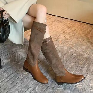 2024 New Autumn and Winter Design Color Matching Boots Women's Thick Heel Slimming Knight Boots Retro All-match Knee High Boots Women