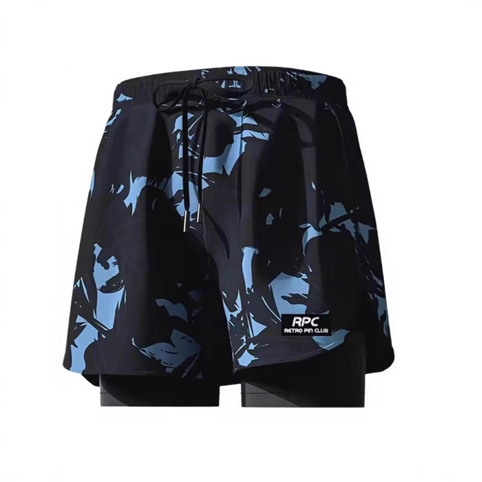 Double Layer Swimming Trunks Swimwear with Compression Liner Stretch Quick Dry Running Gym Men Swim Shorts