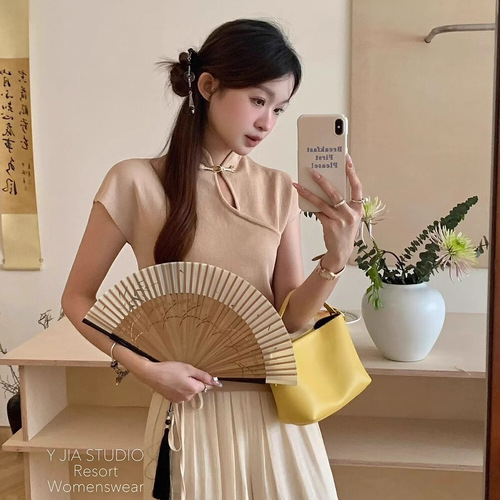 New Chinese style, national style, design, button-down collar, summer base shirt, Feifei sleeves, temperament sweater top