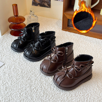 Martens, детские зимние утепленные короткие сапоги с бантиком, детский наряд маленькой принцессы
