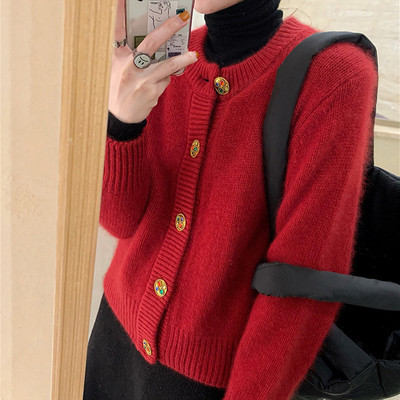 秋冬新款圣诞红色浣熊绒毛衣女外穿洋气宽松慵懒软糯针织开衫外套