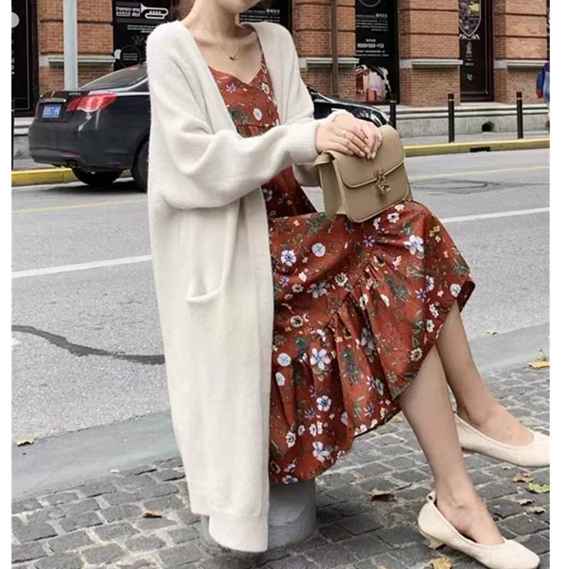 Трансграничный свитер средней длины в ленивом стиле, женская одежда, осень-зима, Новый Свободный вязаный кардиган с карманами в Корейском стиле, верхняя одежда