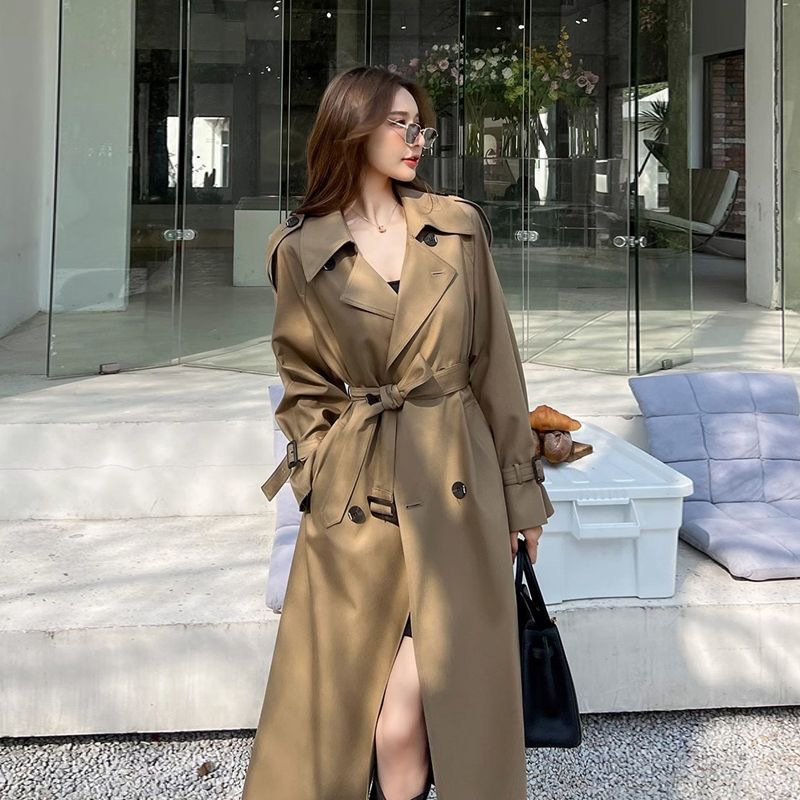 Black + lining trench coat for women 2023 new autumn and winter British style mid-length over-the-knee Korean style slimming overcoat