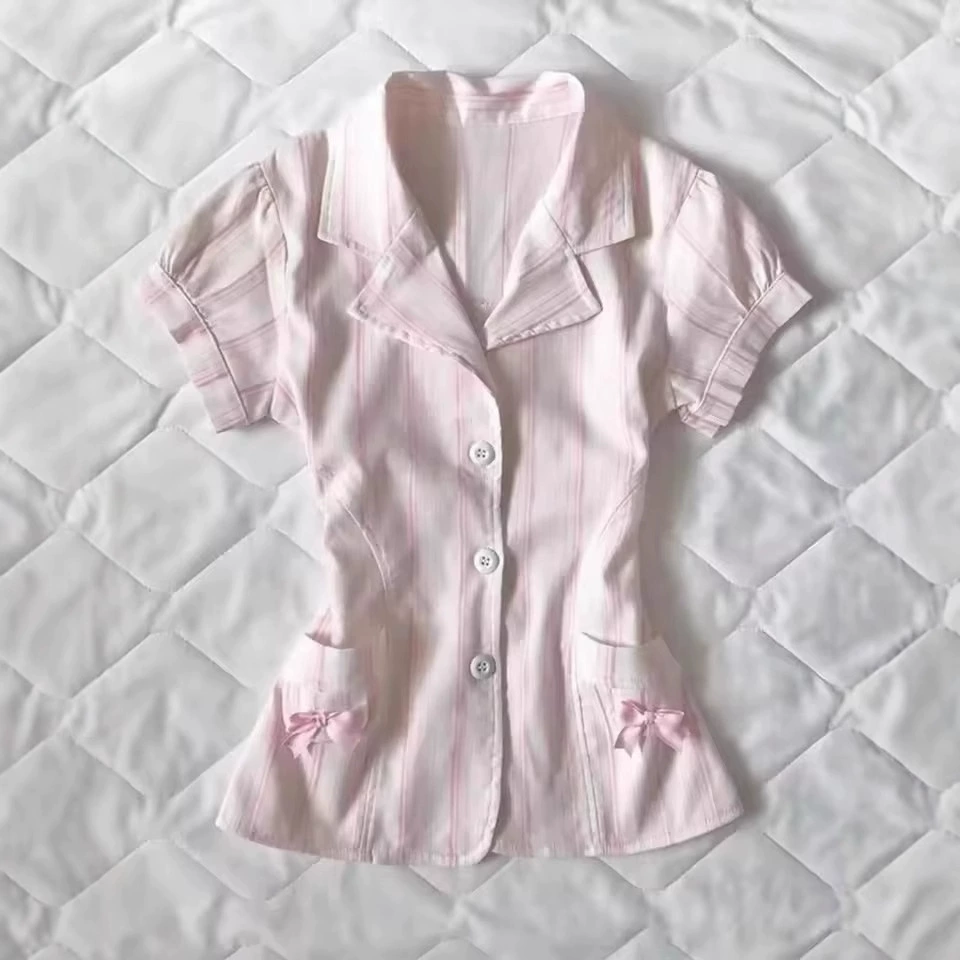 Летняя милая пижама, фуксия рубашка с бантом, с коротким рукавом