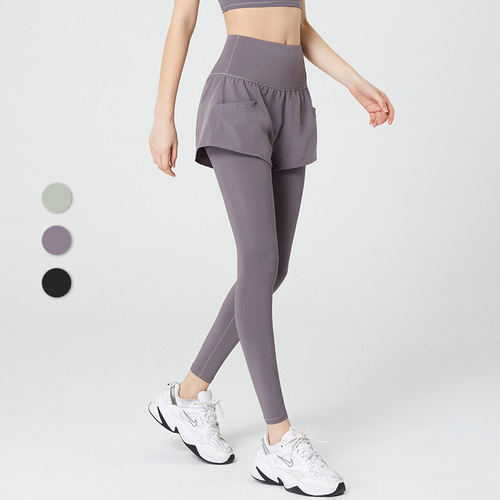 Autumn and winter new A version slimming fake two-piece sports pants women's high waist abdominal control fitness pants plus size 200 pounds yoga clothes