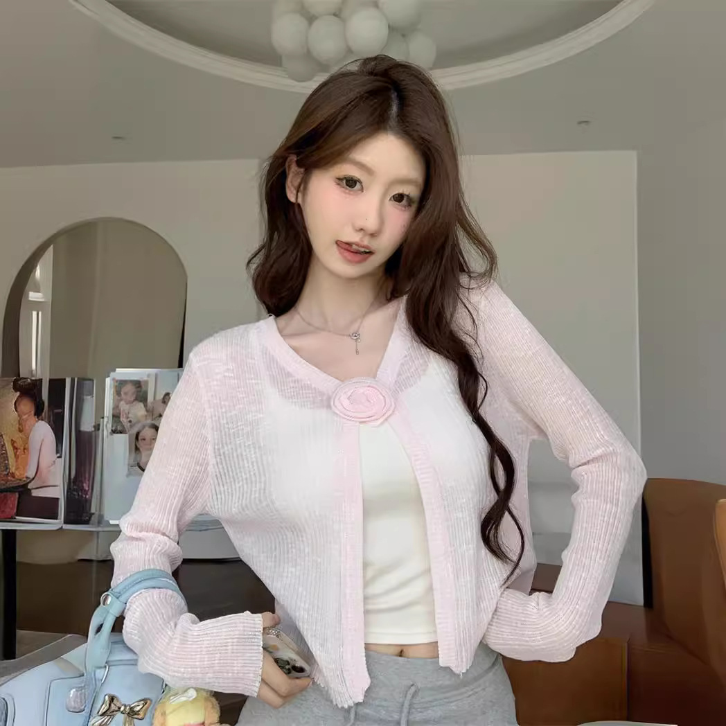 Korean Style Thin Summer Detachable Flower Knitted Cardigan Women's All-match Pink Long-sleeved Small Coat Sun-protective Shirt Top