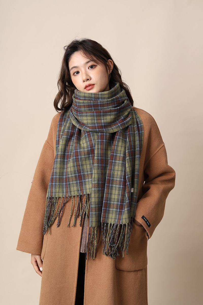 Neues grün kariertes Tuch im koreanischen Stil für Damen, vielseitig einsetzbar im Herbst und Winter, individuell und hochwertig, warmer Schal_voghion.com