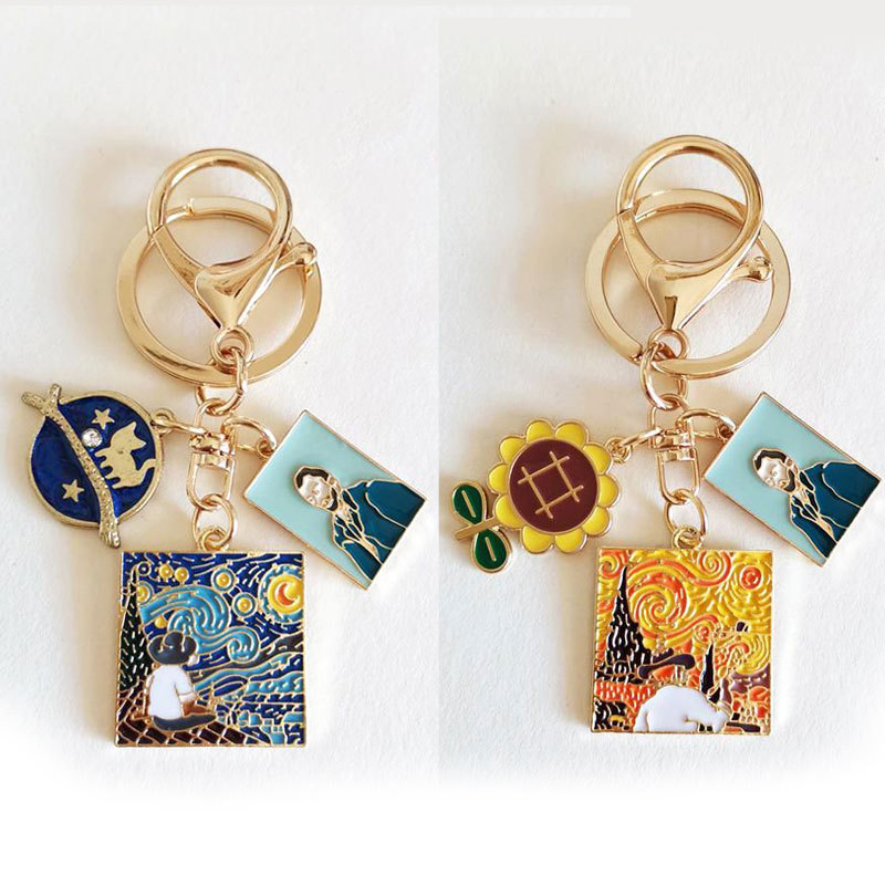 European and American New Van Gogh Oil Painting Series Alloy Star Keychain Cartoon Cat Sunflower Hanging Buckle Bag Pendant European and American New Van Gogh Oil Painting Series Alloy Star Keychain Cartoon Cat Sunflower Hanging Buckle Bag Pendant