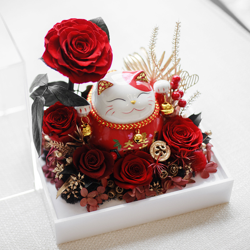 Caixa acrílica de flores para gatos inmortales, flores y rosas, regalo de Año Nuevo, decoraciones de oficina para el hogar