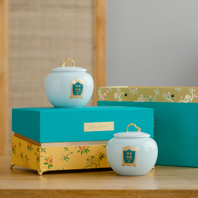 Spring Festival Ceramic Celadon Tea Can Tea Packaging Empty Gift Box National Trend Jin Jun Mei Sealed Can New Chinese Style Gift
