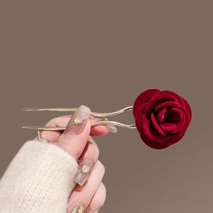 New Kill Rose Classical Elegant Chinese-style Flocking Flower Metal Hairpin Retro Cheongsam Pan Hair Hairpin