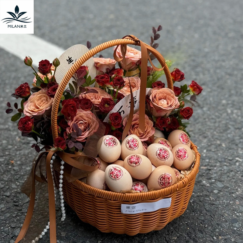 Cestas de flores portátiles de huevos de la luna Cestas de flores tejidas a mano Cestas de frutas de flores nuevas canestas de flores de estilo chino