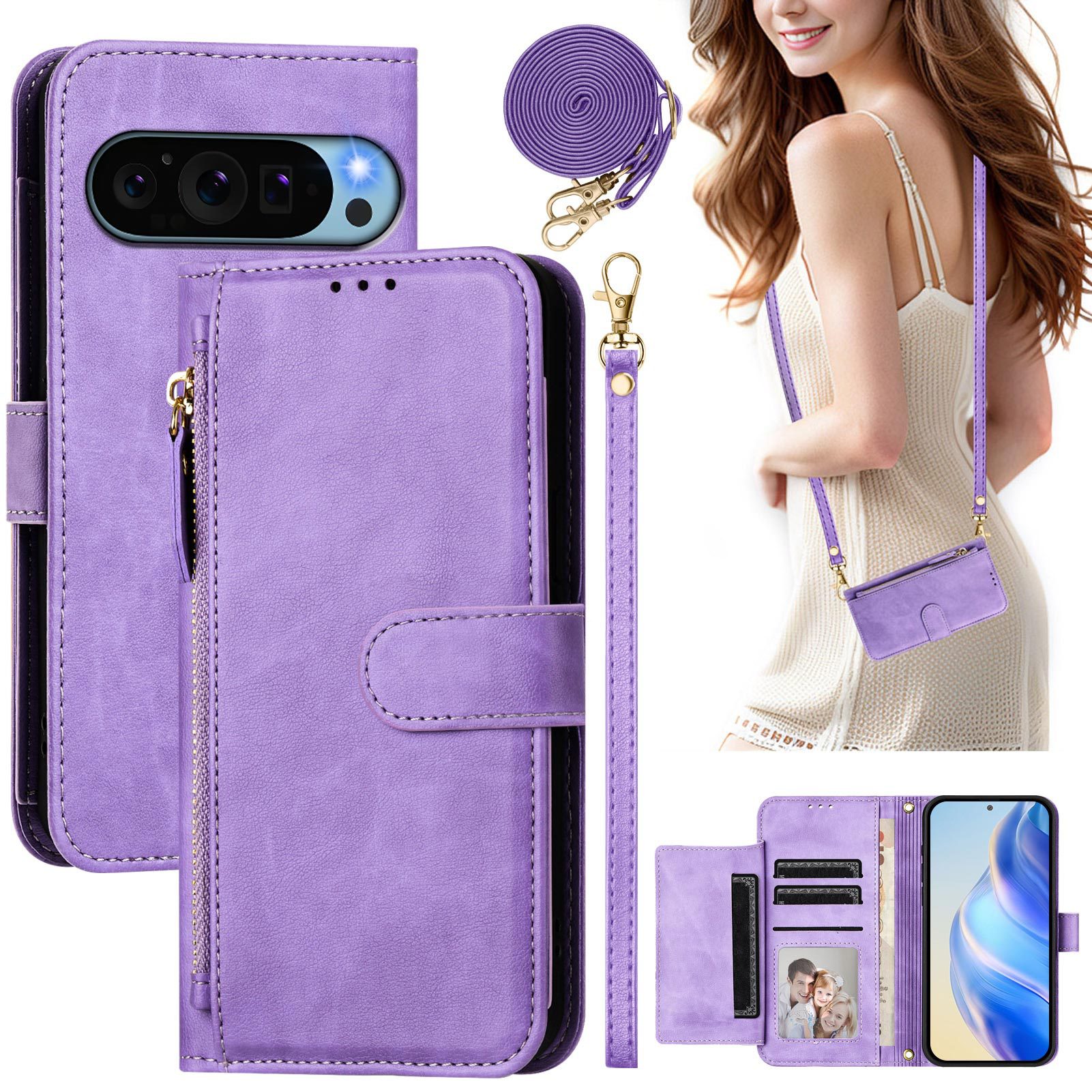 适用谷歌9Pro皮套 索尼Xperia 10 VI磨砂多功能插卡拉链钱包斜跨