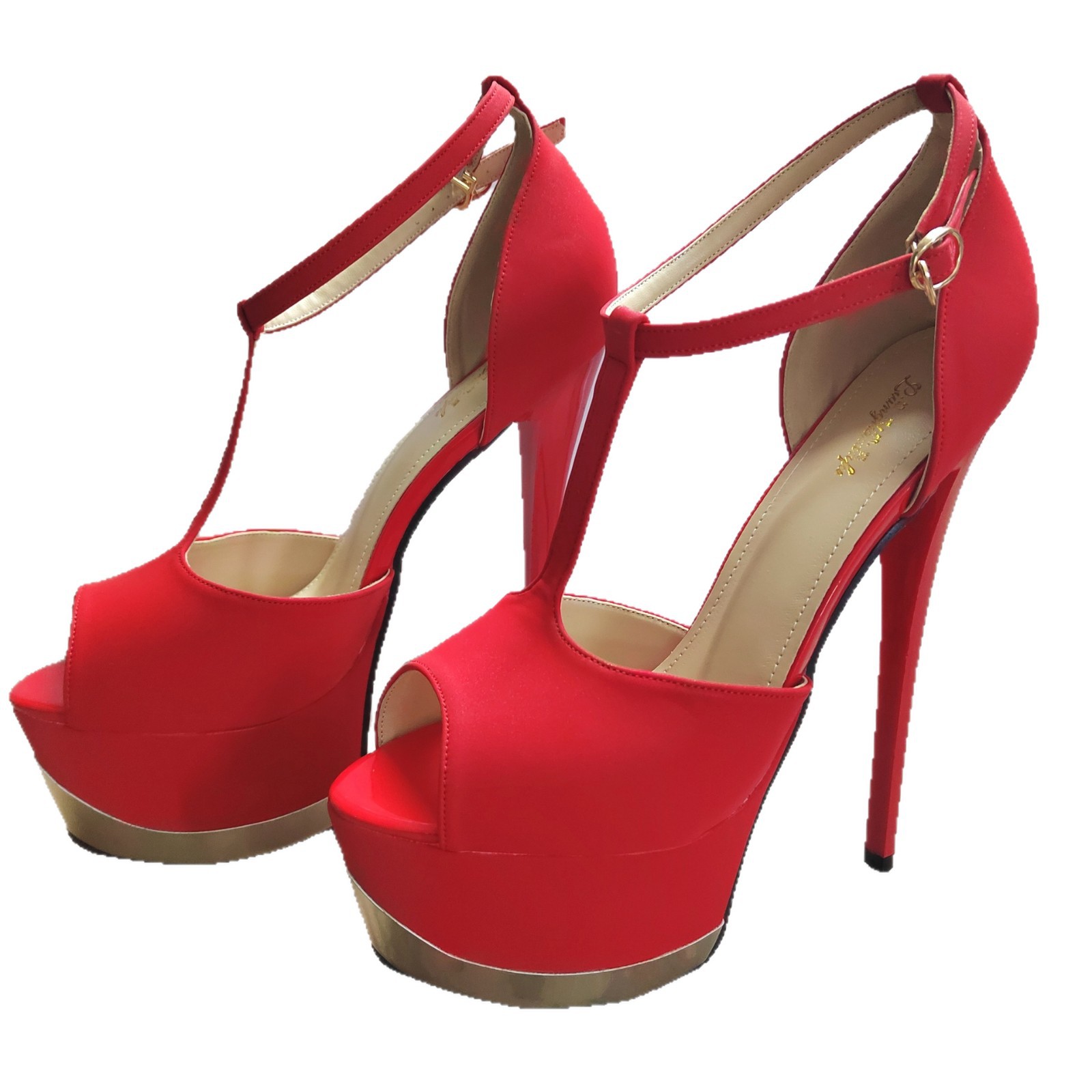 Sandal nữ cao gót quai chữ T kiểu La Mã, mũi hở, đế dày, size lớn — Đỏ (19cm)