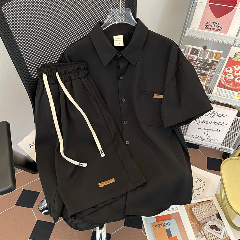Ice Silk Short-Sleeved Shirt Set for Men, Summer Breathable Trendy Brand Outfit, Stylish Men's Sports Shorts and Top