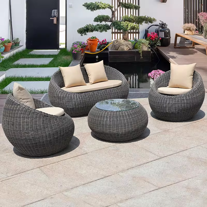 Balcón al aire libre sofá tela de caña mesa de té combinación de caña ocio al aire libre patio silla de caña jardín al aire libre muebles tejidos