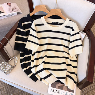 Plus Size Women's Summer Ice Silk Knitted Top for Fat Girls to Look Slim 200/ 150kg Short-Sleeved T-Shirt 8131