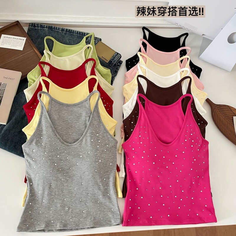 Sexy backless camisole for women, versatile and dazzling with rhinestones and built-in bra, perfect for layering or wearing on its own Sexy backless camisole for women, versatile and dazzling with rhinestones and built-in bra, perfect for layering or wearing on its own