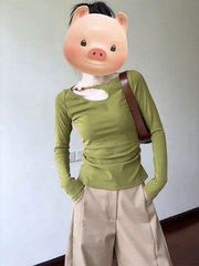 不规则镂空绿色圆领长袖t恤女2025早秋新款韩系穿搭修身辣妹上衣