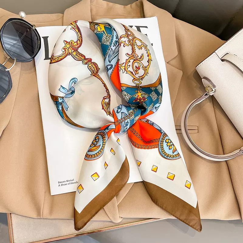 欧式高级印花系脖方巾女腰间配饰丝巾时尚通勤几何条纹披肩颈围巾