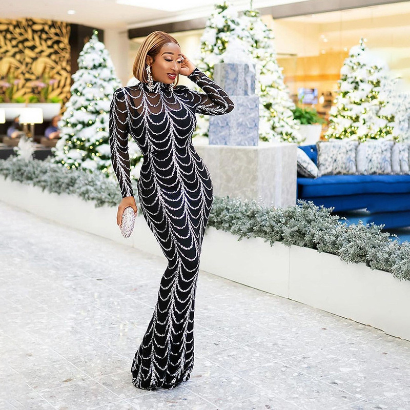 European and American African dress long-sleeved evening dress stretch sequined fishtail skirt with inner skirt Golden Silver Source in stock