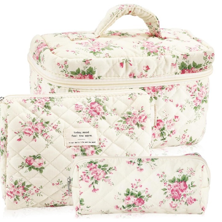 Large Capacity Quilted Floral Cosmetic Bag Three-Piece Set Storage Portable Cotton Pencil Case Black Pollen Flower Ins Travel