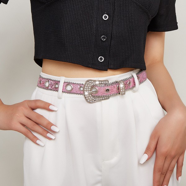 2024 New Fashion Versatile Water Diamond Willow Nail Silver Needle Button Thin Belt Women's Jeans Belt Dress Decoration Narrow Accessories_viptrois.com