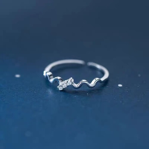 s925 sterling silver micro-paved wave ring, feminine, fashionable and high-end, fresh, open tail ring, niche hand jewelry