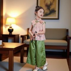 新中式女童夏季短袖套装2025新款汉服中国风马甲旗袍两件套公主装