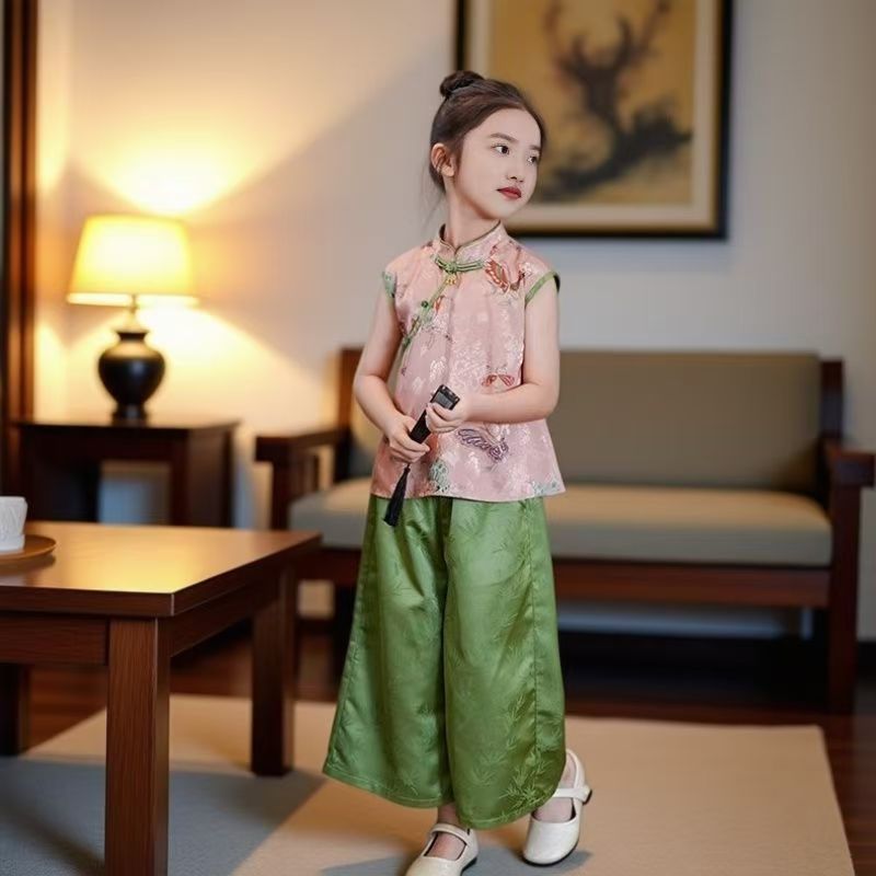 新中式女童夏季短袖套装2025新款汉服中国风马甲旗袍两件套公主装|undefined