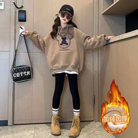 女童加绒卫衣2024秋冬新款时髦洋气儿童一体绒连帽套头上衣中大童