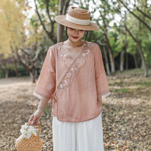 2025夏季新款苎麻刺绣衬衫拼接欧根纱设计七分袖复古宽松禅意茶服