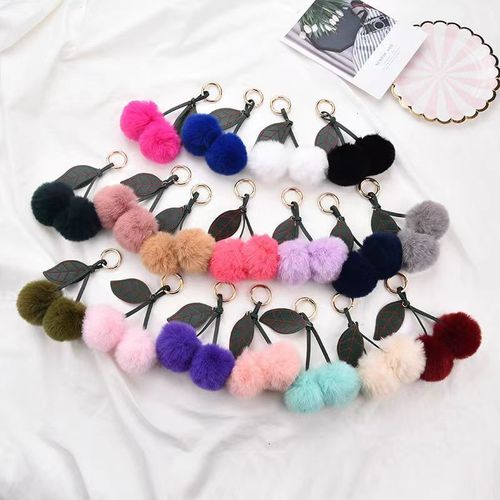 KOOROL Fur Fruit Cherry Fur Ball Keychain Creative Plush Bag Pendant Imitation Rex Rabbit Fur Ball Accessories