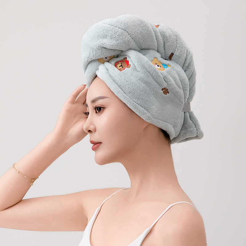 Thickened Coral Fleece With Cartoon Embroidery, Cute Bear Triangle Cap For Women, Absorbent Hair Drying Towel Wholesale_voghion.com