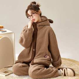 秋冬季珊瑚绒睡衣女卡通可爱连帽保暖加绒加厚宽松家居服套装外穿