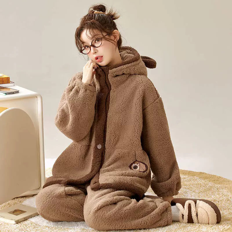 秋冬季珊瑚绒睡衣女卡通可爱连帽保暖加绒加厚宽松家居服套装外穿