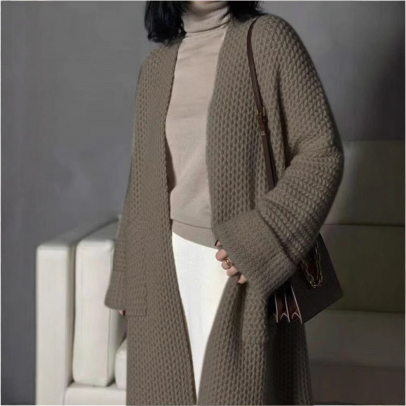 秋冬の新型ウールのカーディガンの女性の中の長さのニットは厚いコートの長袖を厚くします。|undefined