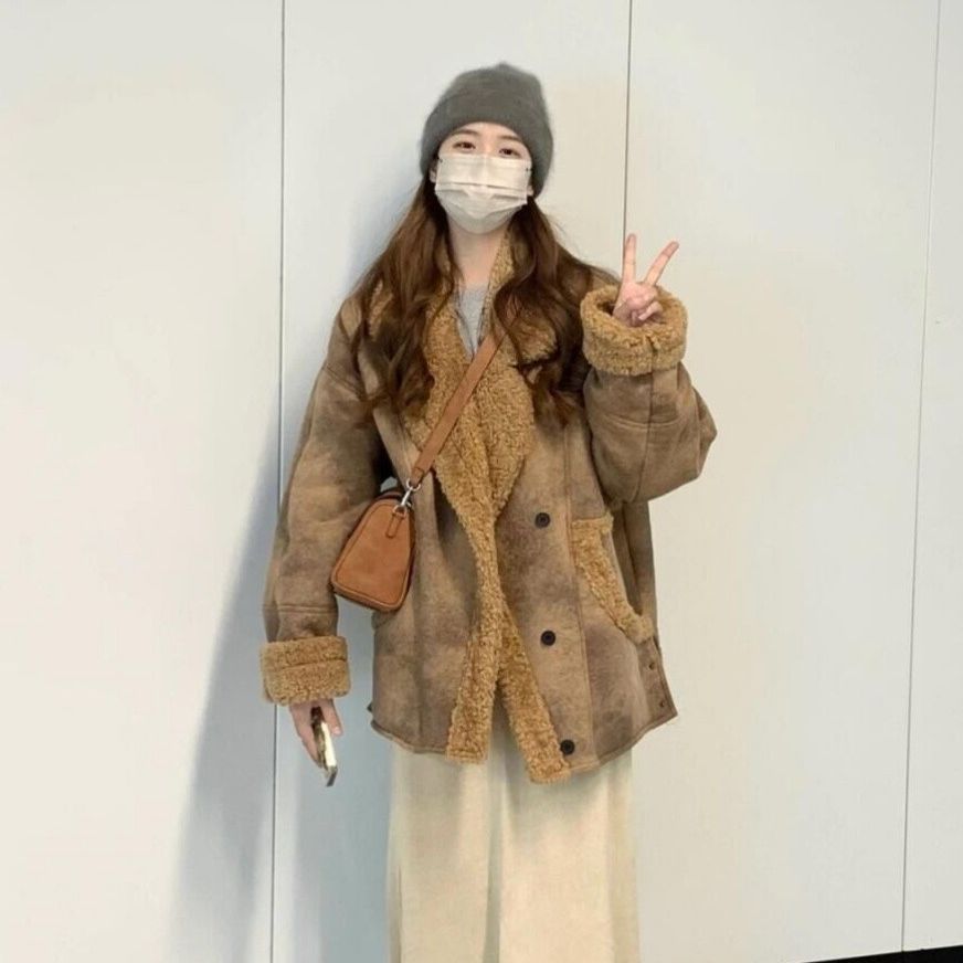 모피 원 람스울 코트 여성의 겨울 새로운 두꺼운 느슨한 게으른 친환경 모피 모피 코트