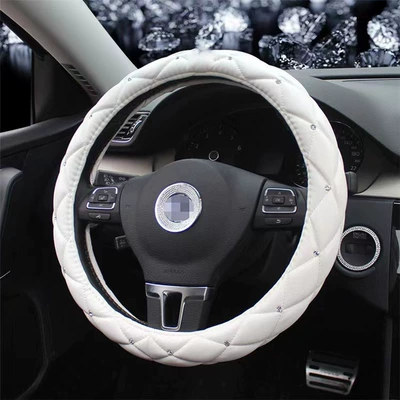 Factory Direct Sales Amazon Car Diamond-Studded Steering Wheel Cover, Universal for All Seasons, Soft Leather Anti-Slip Rhinestone Handle Cover (Steering wheel cover) - white-36-38cm
