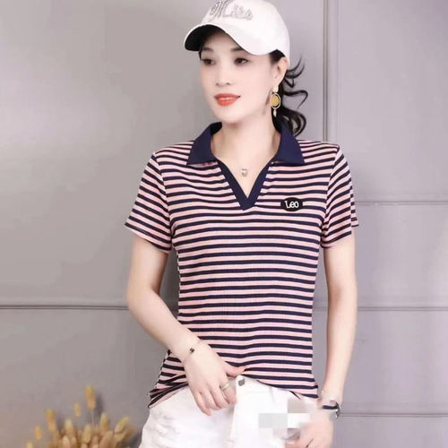 Ladies' Loose and Slim Fit Striped Polo Shirts V-Neck Half-Sleeve T-shirts Summer Top Mother's Outfit