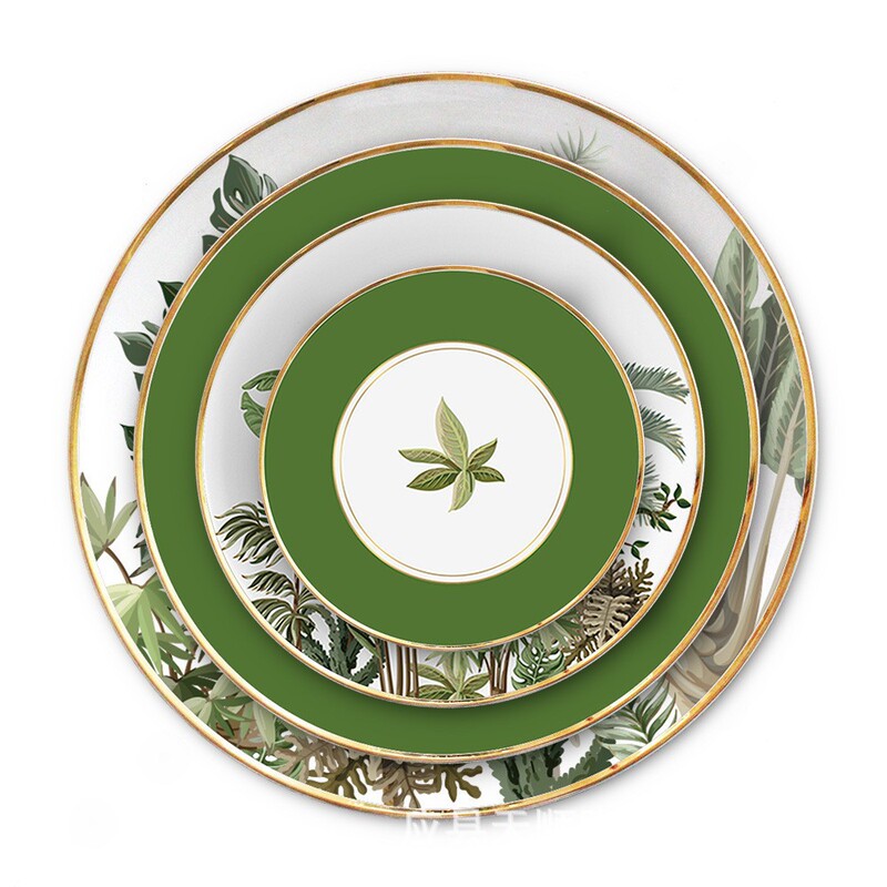 Light Luxury Banana Leaf Ceramic Dinnerware Set, Complete Gift Box with Gold Rim, Western-Style Home-Use Bone China Steak Plates Light Luxury Banana Leaf Ceramic Dinnerware Set, Complete Gift Box with Gold Rim, Western-Style Home-Use Bone China Steak Plates