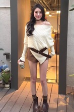 韩版通勤小个子不规则斜肩针织衫女秋季宽松露肩收腰百搭减龄上衣