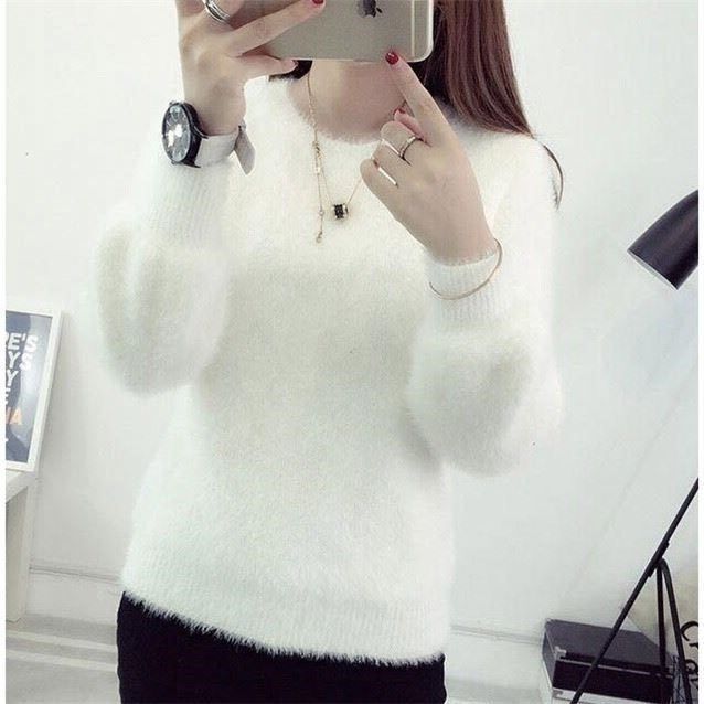Autumn and Winter Korean Style Round Neck Short Imitation Mink Loose Pullover Pure Color Long Hair Sweater Thickeneded Mohair Bottoming Shirt Autumn and Winter Korean Style Round Neck Short Imitation Mink Loose Pullover Pure Color Long Hair Sweater Thickeneded Mohair Bottoming Shirt