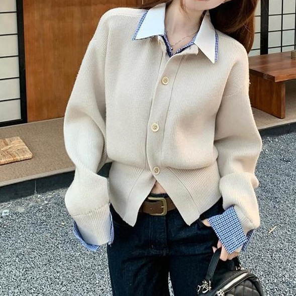 韩系假两件撞色POLO领针织开衫女装春季独特别致软糯内搭毛衣ins|undefined