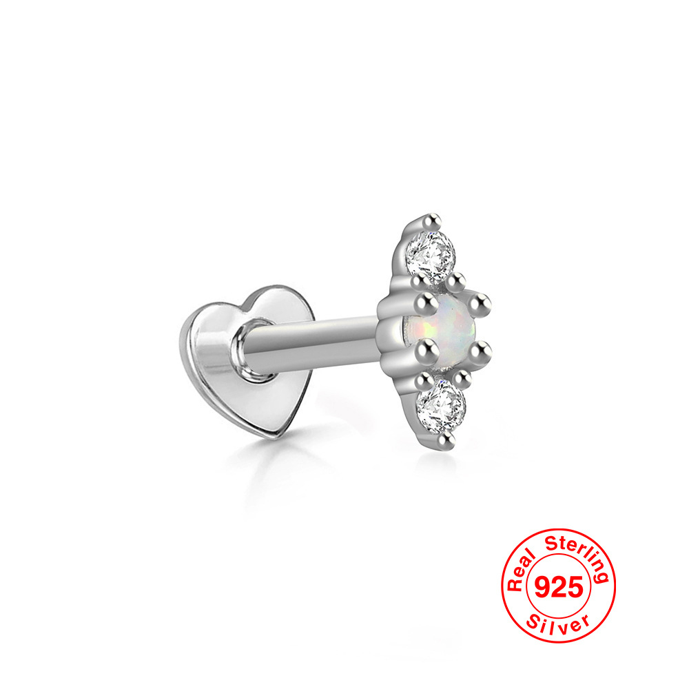 S925 plata esterlina ópalo diamante incrustado en forma de corazón hilo piercing oído hueso Stud Europea y Americana Venta caliente de alta calidad pendientes