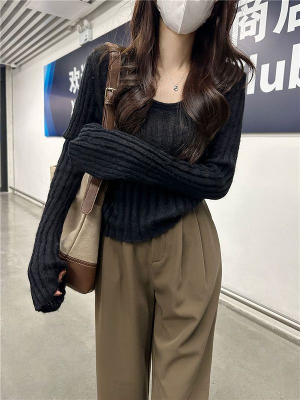 长袖针织衫秋季韩系甜辣新款修身显瘦慵懒风短款打底上衣女潮ins|undefined