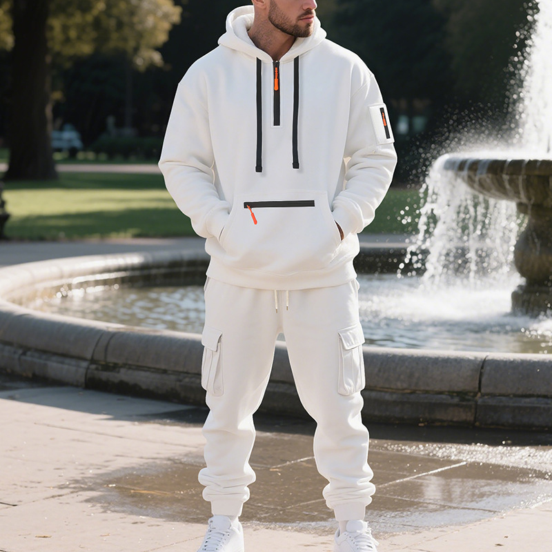 Heavyweight Fleece-Lined Big & Tall Men's Workwear Jogger Set Winter Cargo Pocket Hoodie & Pants_viptrois.com